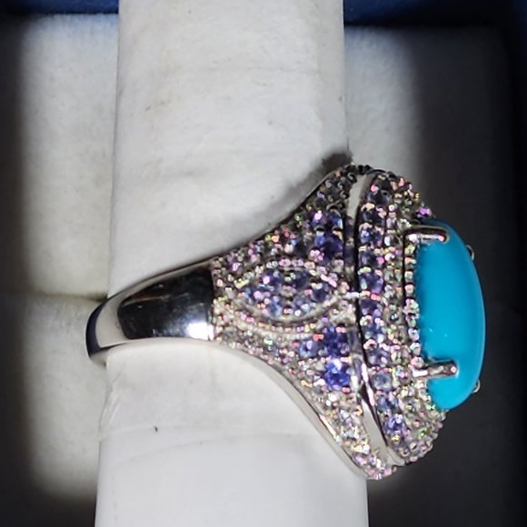 Sleeping Beauty Turquoise, Tanzanite & White Zircon cocktail ring in Plat/925 - Picture 5 of 6
